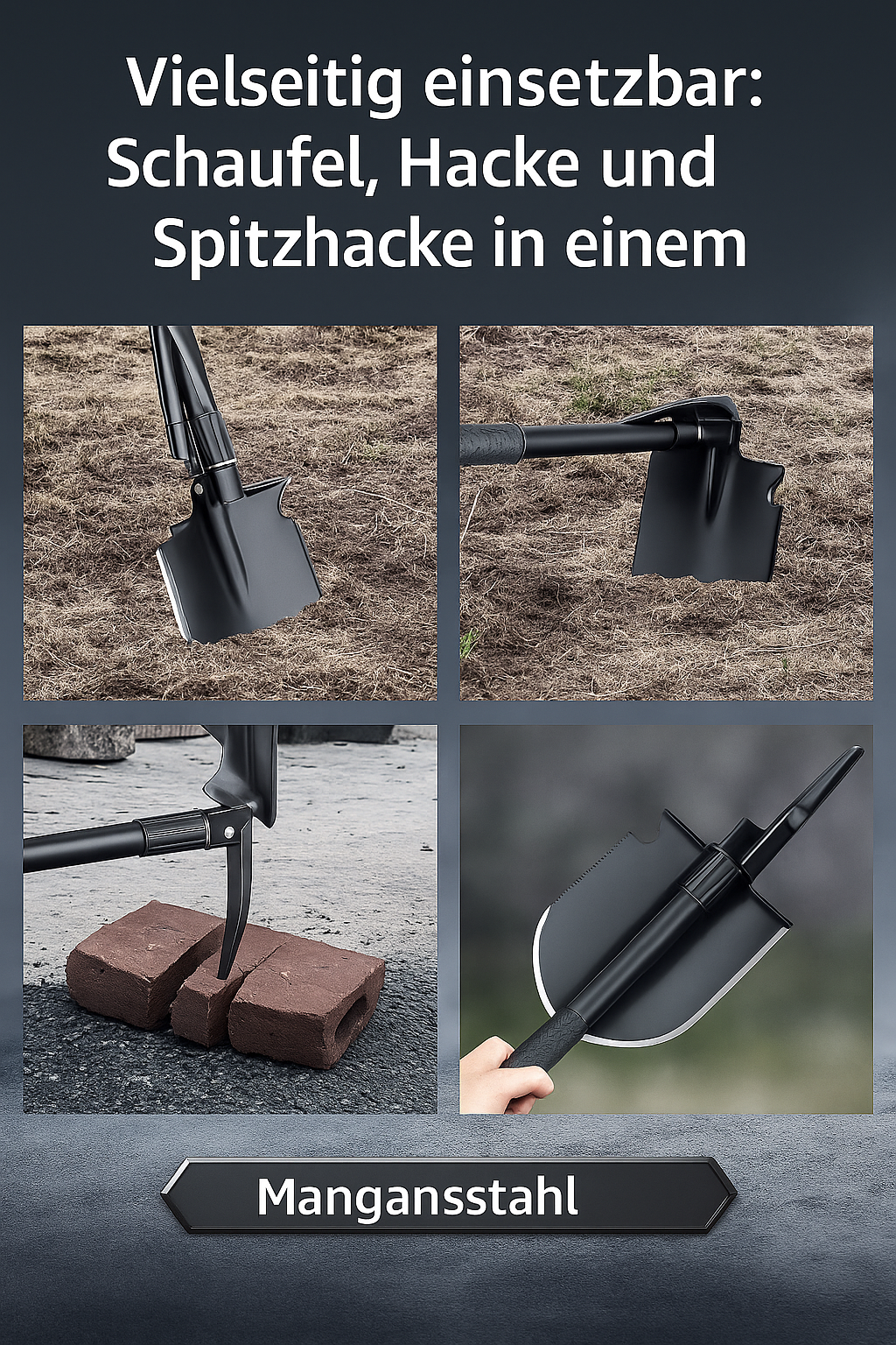 Faltbare Outdoor Schaufel aus Manganstahl – 3-in-1 Survival Tool für Camping, Bushcraft & Abenteuer